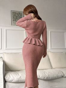 Feyla Women's Ruffle Knit Sweater & Skirt 2 Pieces Set - Dusty Pink - View 2