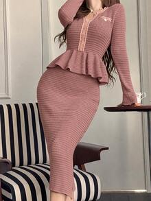Feyla Women's Ruffle Knit Sweater & Skirt 2 Pieces Set - Dusty Pink - View 5