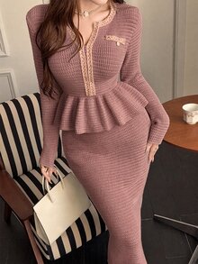 Feyla Women's Ruffle Knit Sweater & Skirt 2 Pieces Set - Dusty Pink - View 3