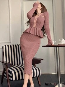 Feyla Women's Ruffle Knit Sweater & Skirt 2 Pieces Set - Dusty Pink - View 4