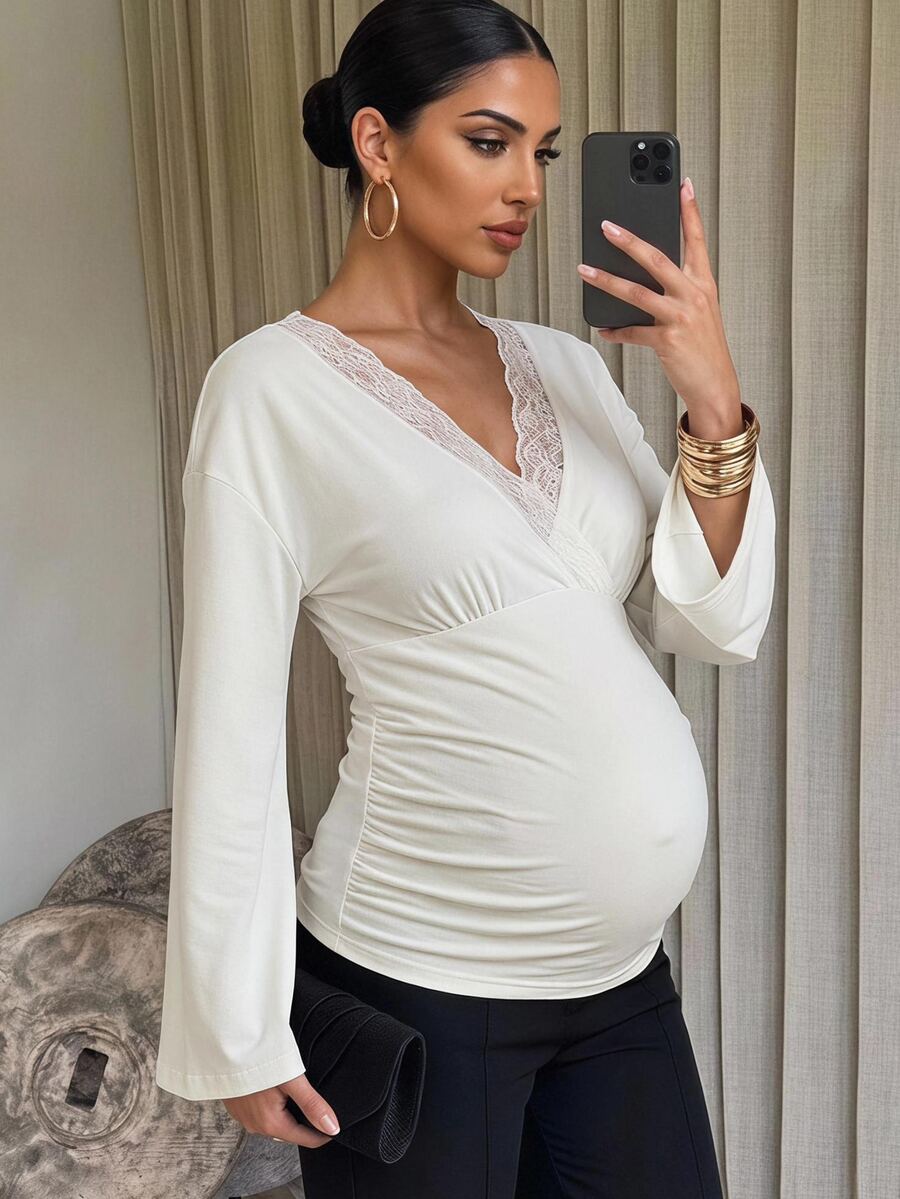 MaterniChic Maternity Lace Patchwork Casual Everyday T-Shirt Fall - White - View 1