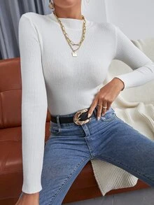 Dekonique Dekonique Solid Mock Neck Rib Knit Sweater,Long Sleeve Tops Knit Pullover Fall Winter - White - View 3
