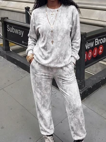 Rovax Light Gray Leaf Camouflage Printed Women's Crew Neck Sweatshirt And Sweatpants Two Pieces Set For Fall And Winter - Light Grey - View 4