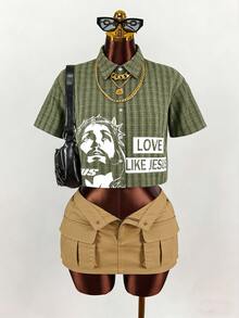 Dekonique Dekonique Y2K Country Disco Streetwear Jesus Print Slogan Casual Women Shirt Going Out Rave Concert Music Rave Vacation Olive Green Summer - Army Green - View 4