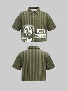 Dekonique Dekonique Y2K Country Disco Streetwear Jesus Print Slogan Casual Women Shirt Going Out Rave Concert Music Rave Vacation Olive Green Summer - Army Green - View 3