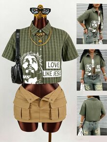 Dekonique Dekonique Y2K Country Disco Streetwear Jesus Print Slogan Casual Women Shirt Going Out Rave Concert Music Rave Vacation Olive Green Summer - Army Green - View 5