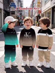 [1 Random Set] Blind Box 3-In-1, Boys Gradient 2 Pieces Crew Neck Sweatshirt Set, Letter Print, Multiple Colors Available, Randomly Sent 1 Set. Loose Fit For Unrestricted Movement, Elastic Waistband For Easy On And Off, Fade-Resistant And Shape-Retaining. Suitable For School, Outdoor Play, And Daily Wear - Multicolor - View 9