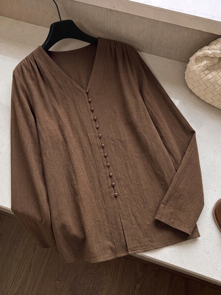 Rusticease Women's Solid Color V-Neck Long Sleeve Single-Breasted Casual Shirt Brunch Office Coffee Brown Fall - Brown - View 1