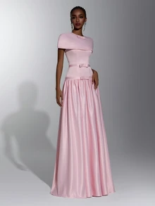 Elitara Elegant Formal Filipiniana Minimalist Fashion Light Pink Luxury Satin Round Neck Bowknot Decor A-Line Floor Length Dress Suitable For Wedding Prom - Baby Pink - View 7