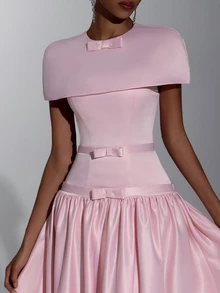 Elitara Elegant Formal Filipiniana Minimalist Fashion Light Pink Luxury Satin Round Neck Bowknot Decor A-Line Floor Length Dress Suitable For Wedding Prom - Baby Pink - View 6