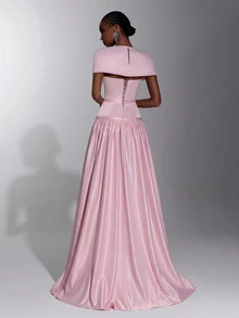 Elitara Elegant Formal Filipiniana Minimalist Fashion Light Pink Luxury Satin Round Neck Bowknot Decor A-Line Floor Length Dress Suitable For Wedding Prom - Baby Pink - View 3