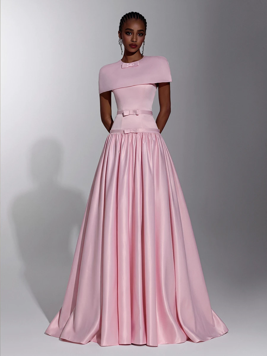 Elitara Elegant Formal Filipiniana Minimalist Fashion Light Pink Luxury Satin Round Neck Bowknot Decor A-Line Floor Length Dress Suitable For Wedding Prom - Baby Pink - View 1