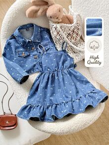 SHEIN 2pcs/Set Baby Girl Blue Denim Loose Short Jacket & Heart Bow Pattern Cami Dress Western Cowgirl - Blue - View 1