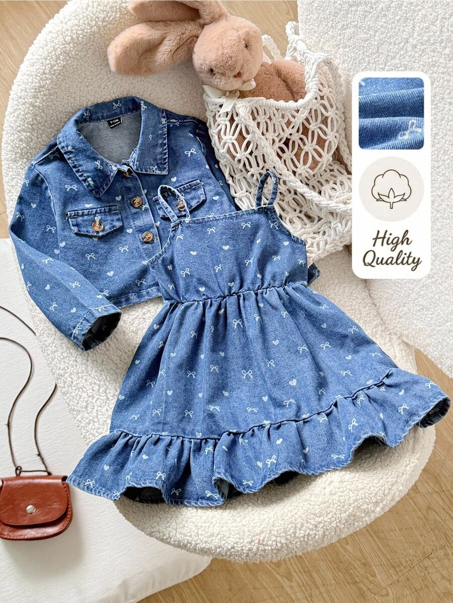 SHEIN 2pcs/Set Baby Girl Blue Denim Loose Short Jacket & Heart Bow Pattern Cami Dress Western Cowgirl - Blue - View 1