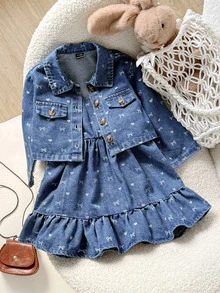 SHEIN 2pcs/Set Baby Girl Blue Denim Loose Short Jacket & Heart Bow Pattern Cami Dress Western Cowgirl - Blue - View 5