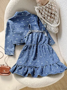SHEIN 2pcs/Set Baby Girl Blue Denim Loose Short Jacket & Heart Bow Pattern Cami Dress Western Cowgirl - Blue - View 3