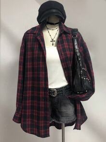 SHEIN Girls' Fashion Casual Preppy Slouchy Loose Long Sleeve Mid-Length Shirt For Daily Wear, Fall Tops, School, Outings, Parties Christmas Black And Red - Burgundy - View 2