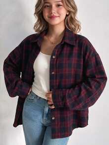 SHEIN Girls' Fashion Casual Preppy Slouchy Loose Long Sleeve Mid-Length Shirt For Daily Wear, Fall Tops, School, Outings, Parties Christmas Black And Red - Burgundy - View 1
