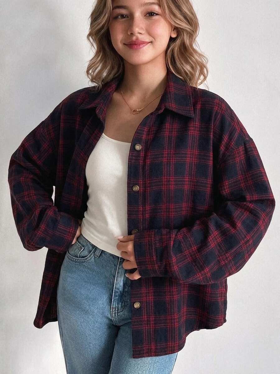 SHEIN Girls' Fashion Casual Preppy Slouchy Loose Long Sleeve Mid-Length Shirt For Daily Wear, Fall Tops, School, Outings, Parties Christmas Black And Red - Burgundy - View 1