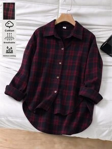 SHEIN Girls' Fashion Casual Preppy Slouchy Loose Long Sleeve Mid-Length Shirt For Daily Wear, Fall Tops, School, Outings, Parties Christmas Black And Red - Burgundy - View 7