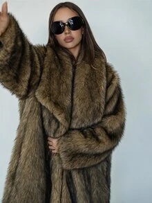 SHEIN ICON Women's Autumn/Winter Oversized Long Sleeve Long Loose Fashion Faux Fur Coat With Large Collar - Black - View 7
