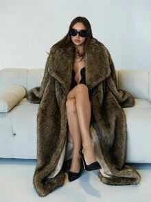 SHEIN ICON Women's Autumn/Winter Oversized Long Sleeve Long Loose Fashion Faux Fur Coat With Large Collar - Black - View 2