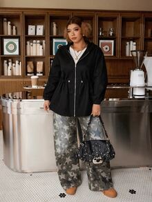 Muchica Plus Size Women Solid Color Zipper Casual Baggy Cargo Versatile Daily Travel Long Sleeve Jacket Fall Homewear Holiday Black Winter Office - Grey - View 4