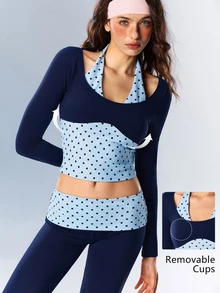 VARSIVA Women's Patchwork Polka Dot Print 2 In 1 Halter Neck Sports T-Shirt - Blue - View 12