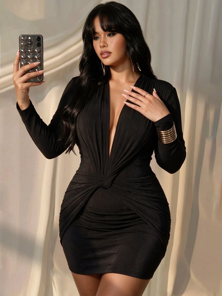 Rustia Elegant Sexy Minimalist Deep V-Neck Long Sleeve Ruched Black Mini Bodycon Slim Fit Plus Size Dress For Party And Cocktail Fall - Black - View 1