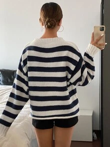 DAZY Women's Loose Casual Striped Knit Sweater, Autumn New Arrival - Royal Blue - View 5