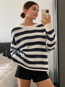 DAZY Women's Loose Casual Striped Knit Sweater, Autumn New Arrival - Royal Blue - View 2