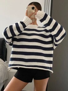 DAZY Women's Loose Casual Striped Knit Sweater, Autumn New Arrival - Royal Blue - View 7