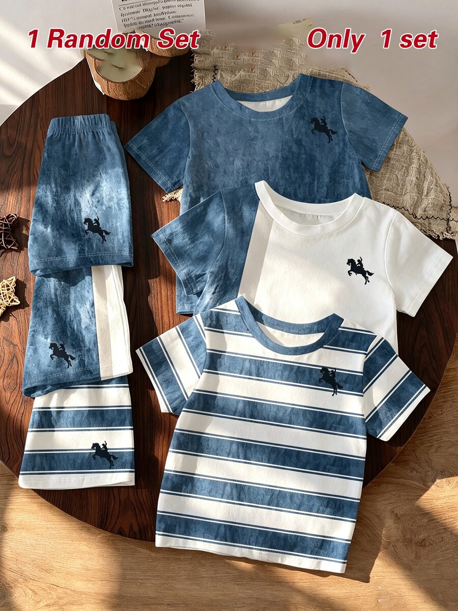 SHEIN 【1組隨機發貨】男童夏季短袖兩件套,丹寧感藍白拼色條紋上衣搭配純色基礎下裝,精緻小印花點綴,隨機款式發貨,版型俐落不緊身,簡約優雅長褲,耐洗不易褪色,適合戶外玩耍、上學通勤、假期出遊 - 彩色 - 查看 1