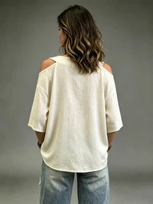 Woven Regular Fit Loose V-Neck Dropped Shoulder Mid-Sleeve Top - Khaki - View 2