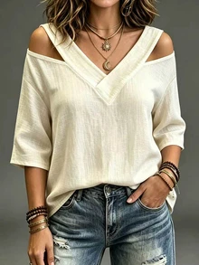Woven Regular Fit Loose V-Neck Dropped Shoulder Mid-Sleeve Top - Khaki - View 3