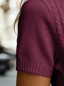 SHEIN Women's Casual Apricot Twist Rope V-Neck Short Sleeve Fitted Pullover Knit Top, Minimalist Daily Wear - Red Violet - View 6