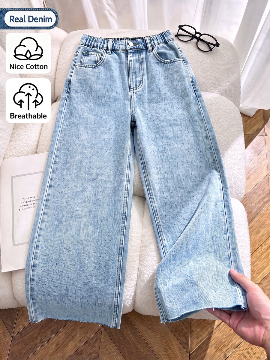 SHEIN Tween Girls' Pocketed Wide Leg Loose Casual Frayed Hem Jeans, Suitable For Everyday Wear Summer School Sports Light Blue Autumn Winter