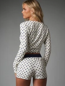 MISSGUIDED Polka Dot Lounge Co-Ord Set Long Sleeve Henley Crop Top And Mini Shorts With Lace Trim And Bow Detail For Christmas - White - View 3