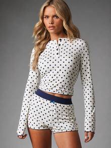 MISSGUIDED Polka Dot Lounge Co-Ord Set Long Sleeve Henley Crop Top And Mini Shorts With Lace Trim And Bow Detail For Christmas - White - View 1