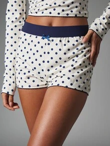MISSGUIDED Polka Dot Lounge Co-Ord Set Long Sleeve Henley Crop Top And Mini Shorts With Lace Trim And Bow Detail For Christmas - White - View 2