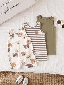 SHEIN 3pcs Newborn Baby Unisex Casual Cute Cartoon Bear Print Sleeveless Romper Set, Summer - Multicolor - View 9