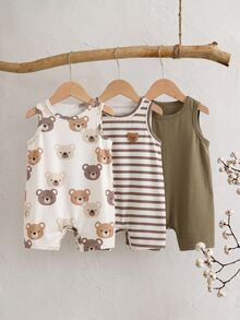 SHEIN 3pcs Newborn Baby Unisex Casual Cute Cartoon Bear Print Sleeveless Romper Set, Summer - Multicolor - View 8