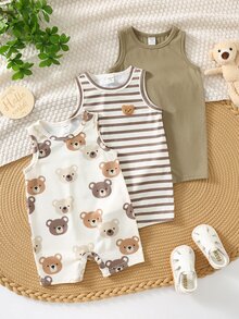 SHEIN 3pcs Newborn Baby Unisex Casual Cute Cartoon Bear Print Sleeveless Romper Set, Summer - Multicolor - View 1
