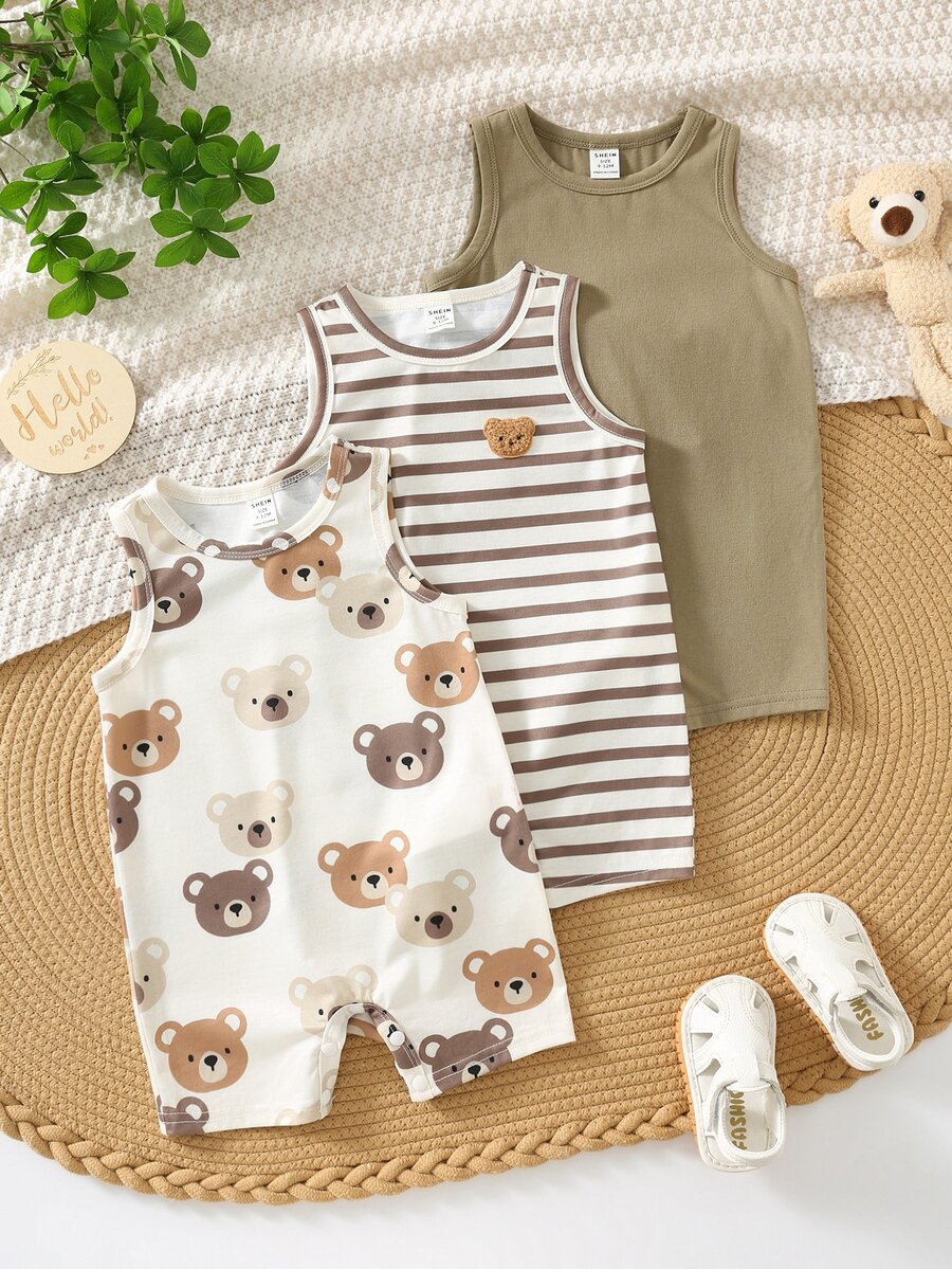 SHEIN 3pcs Newborn Baby Unisex Casual Cute Cartoon Bear Print Sleeveless Romper Set, Summer - Multicolor - View 1
