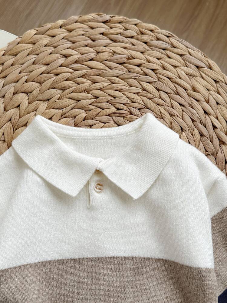 SHEIN Baby Boy/Girl Colorblock Soft Knit Turndown Collar Long Sleeve Half-Placket Sweater Fall Winter - Multicolor - View 6