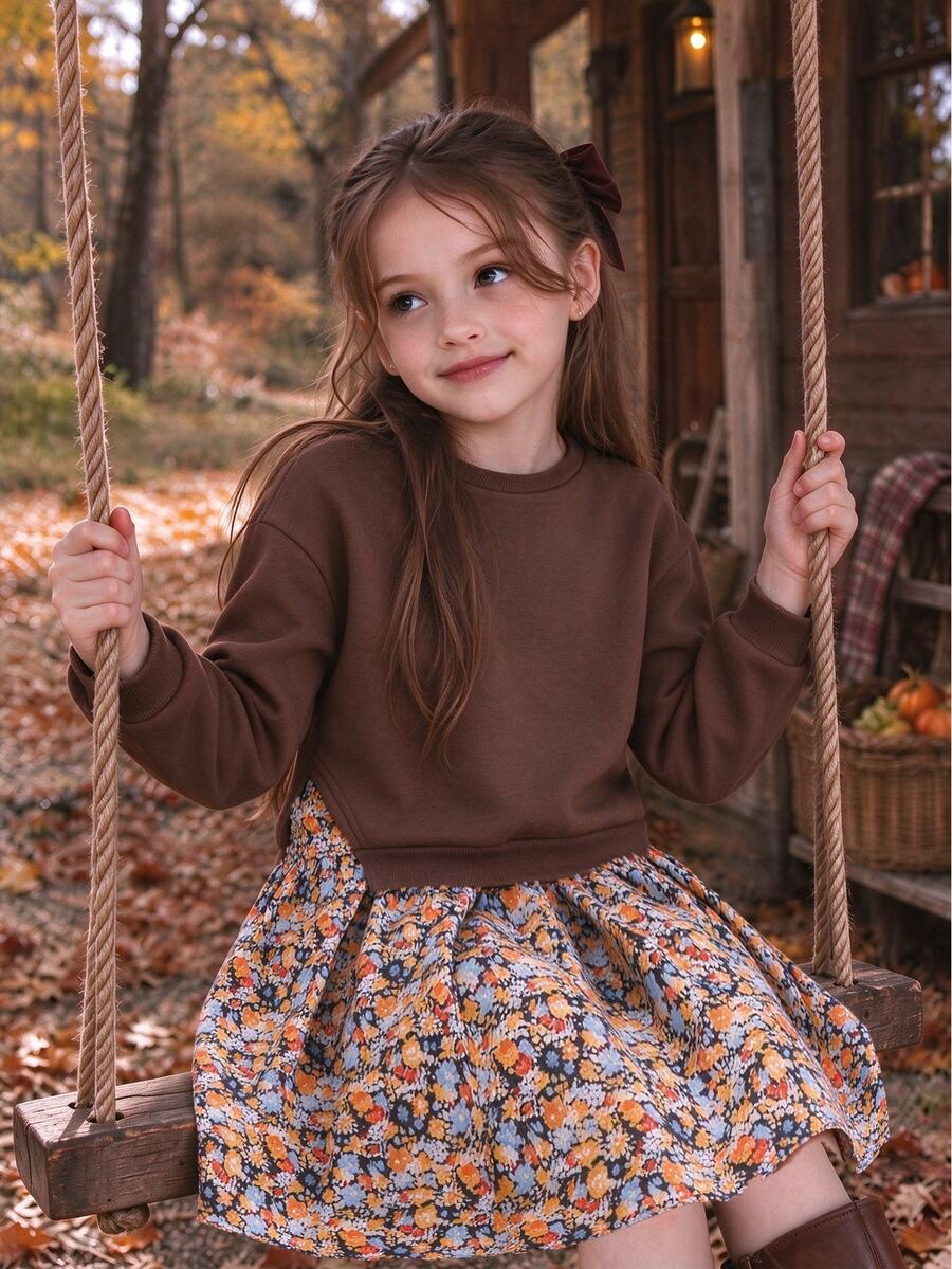 SHEIN 1pc Girls Brown Sweatshirt Patchwork Print 2 In 1 Dress, Casual Daily Dress For Autumn