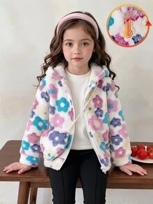 Elladie kids 女款冬季甜美可愛校園通勤田園度假風彩色花卉毛絨帽與夾克外套，斜挎包，2件套 - 彩色 - 查看 2