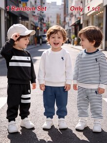 [1 Random Set] Toddler Crew Neck Sweatshirt 2 Pieces Set, Colorblock Striped Patchwork Design, Exquisite Small Badge Detail, Multiple Styles Randomly Shipped. Loose Drop Shoulder Cut For Unrestricted Movement, Tapered Pants For A Sleek Look, Durable And Resistant To Deformation. Suitable For School Outfits, Suburban Trips, And Weekend Outings - Multicolor - View 5