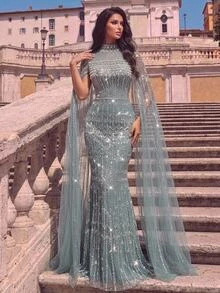 Glamrae Contrast Sequin Cloak Sleeve Formal Dress - sea blue - View 2