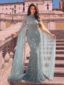 Glamrae Contrast Sequin Cloak Sleeve Formal Dress - sea blue - View 4